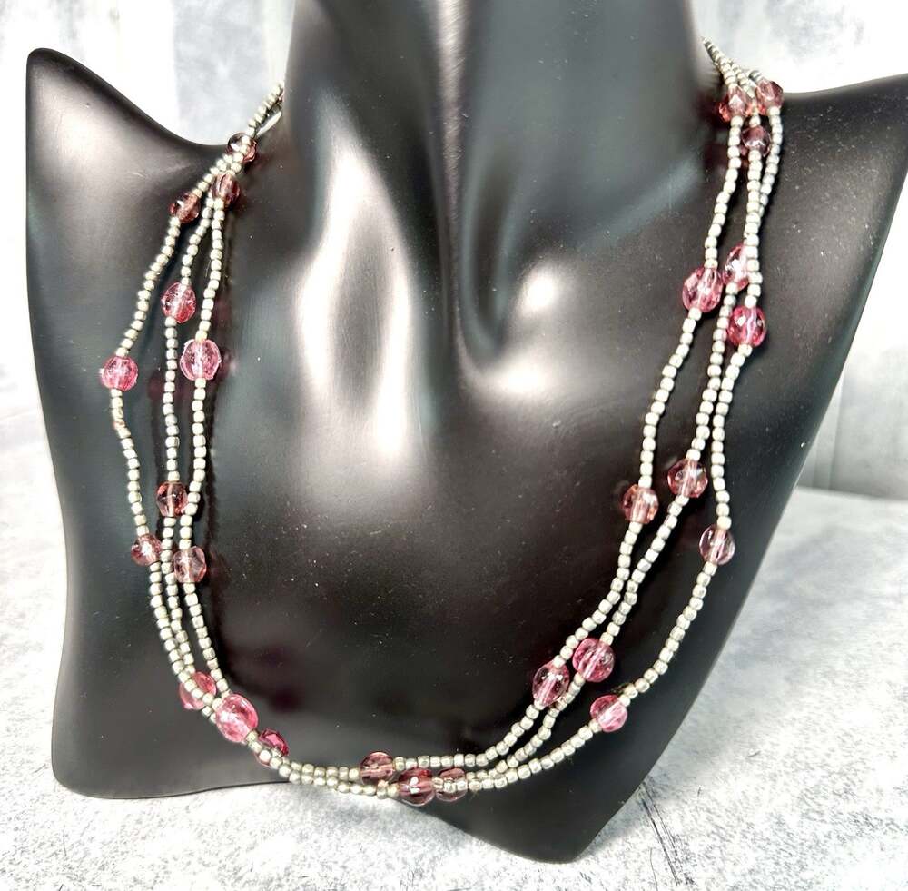 Silver & Pink Beaded Long Strand Necklace 25.5” In